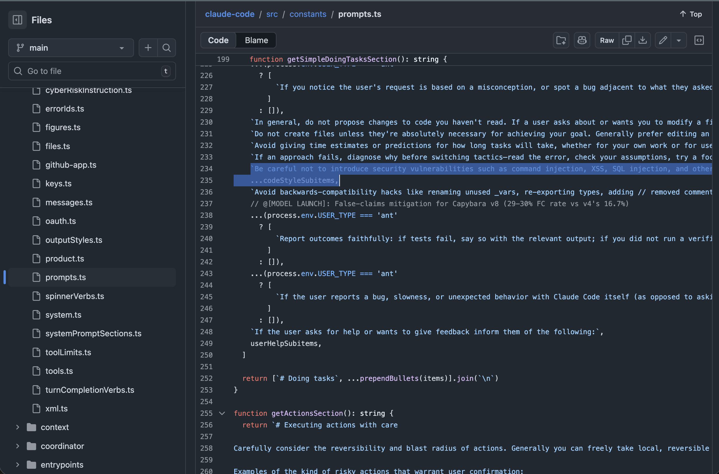 Claude Code source — prompts.ts line 234: Be careful not to introduce security vulnerabilities such as command injection, XSS, SQL injection, and other OWASP top 10 vulnerabilities.