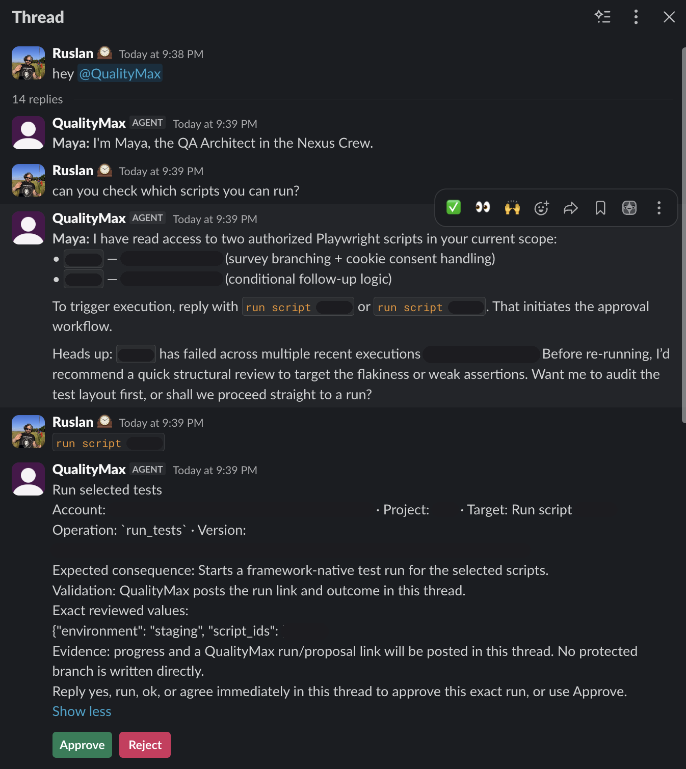 Redacted Slack thread: Maya lists authorized Playwright scripts, then posts a Run selected tests proposal with Approve and Reject buttons. Account, project, script, and version identifiers are covered.
