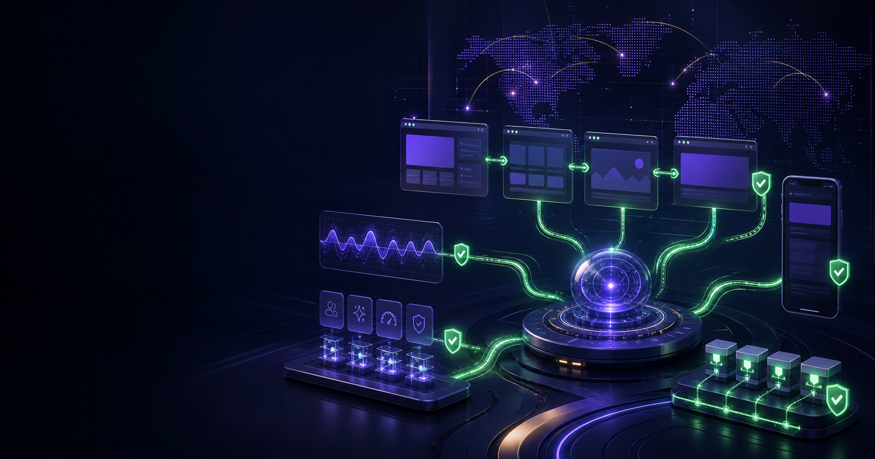 A hosted quality platform connects web and mobile application screens, analytics, testing, and security checks across a global network.