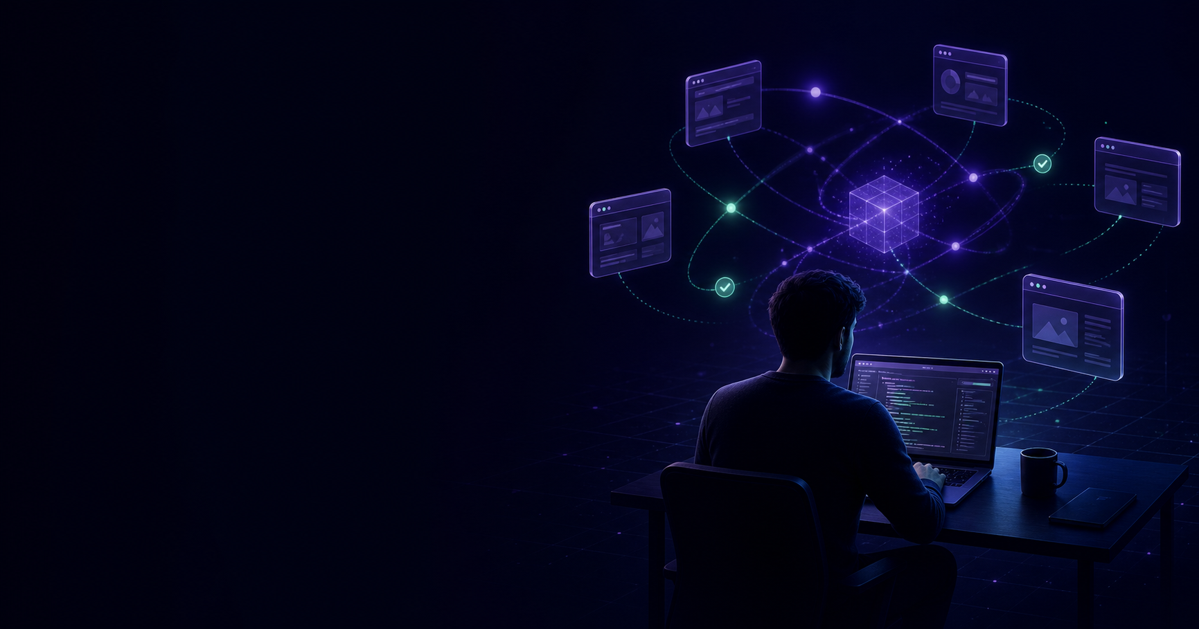 A developer uses their own AI while connected application windows orbit a glowing cube, illustrating bring-your-own-LLM development.
